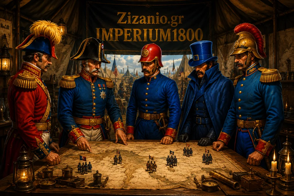 Αξιωματικοί Imperium 1800 γύρω από χάρτη μάχης σε σκηνή εκστρατείας